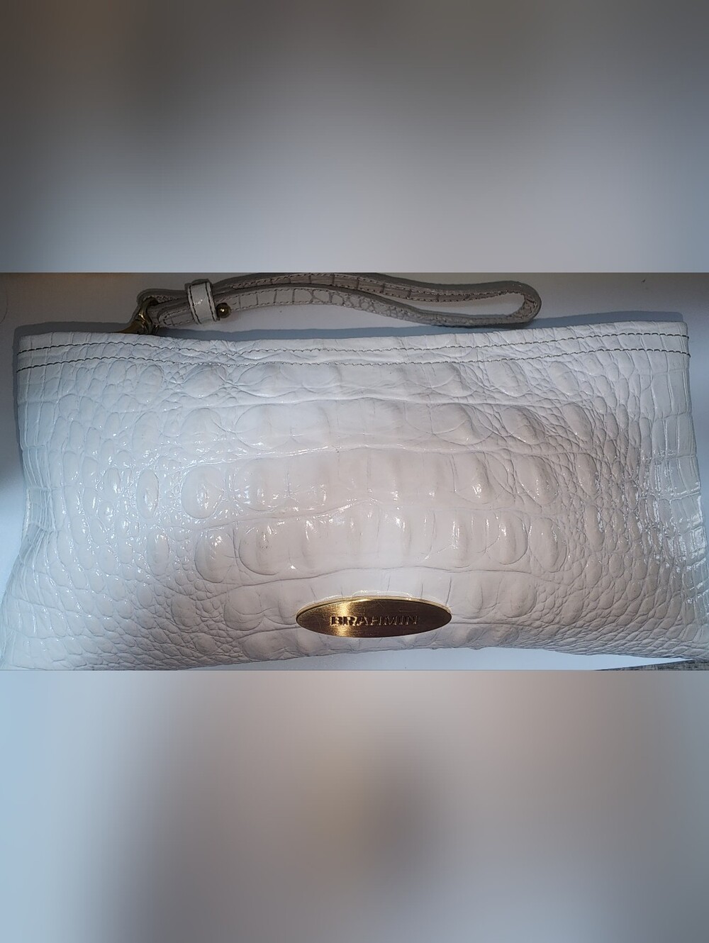 Brahmin White Croc-Embossed Wristlet Or Clutch with Gold Plate